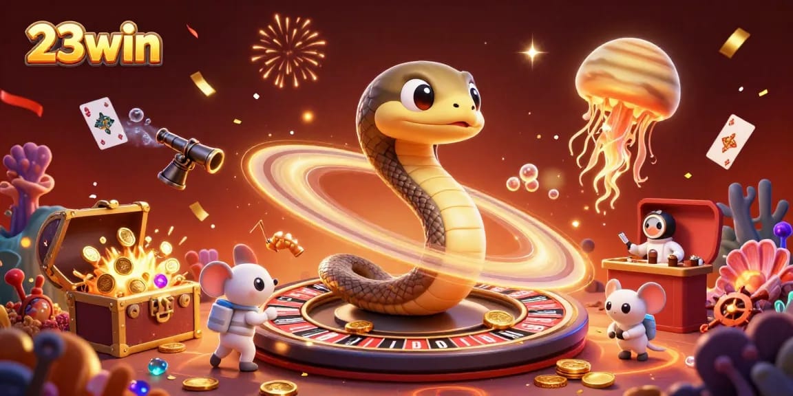 Experience the excitement of 23win with a dynamic casino scene filled with colorful elements and gambling action.