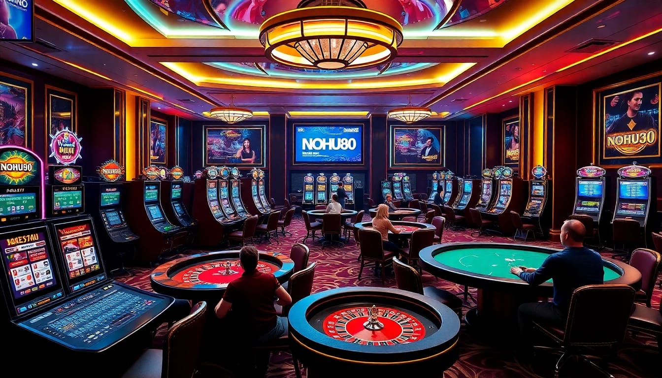 Players engaging at NOHU90's dynamic casino tables filled with vibrant slot machines and poker setups.
