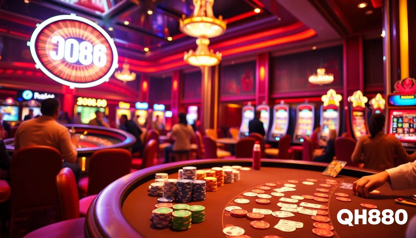 Experience thrilling gameplay at qh88 with colorful casino tables and exciting slot machines.