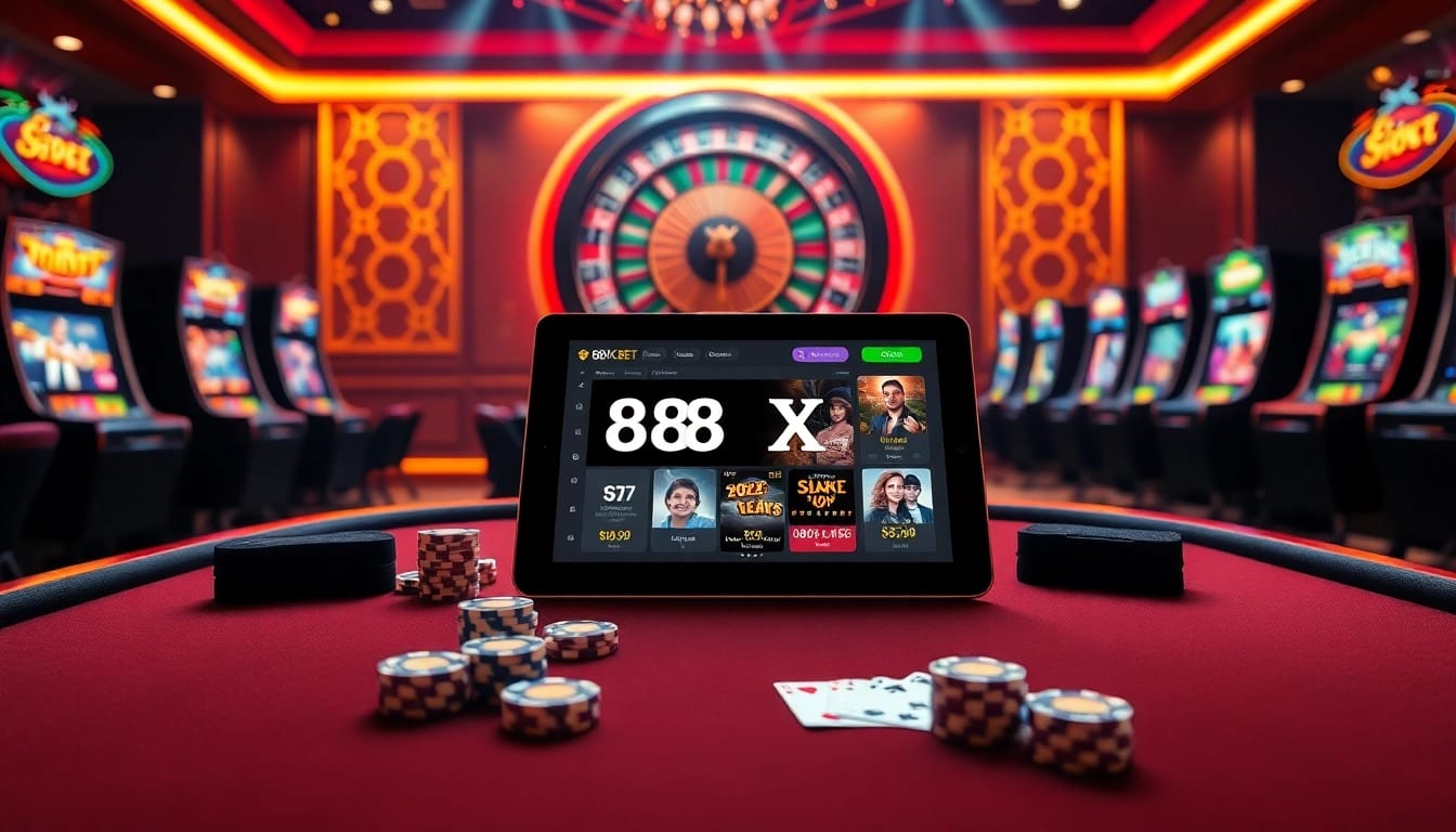 Experience the excitement of 88XX BET at a luxurious poker table, featuring vibrant slot machines and an engaging online interface.