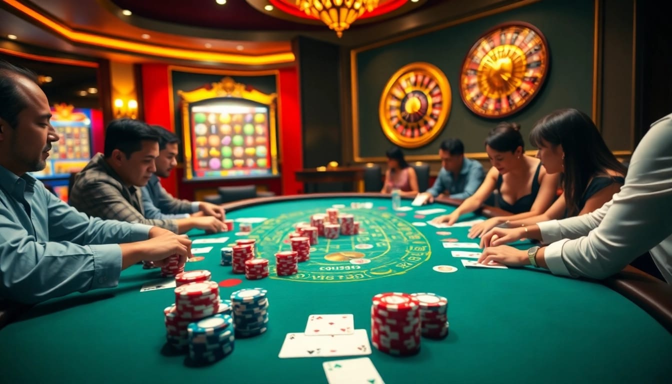 Players make thrilling moves at a blackjack table in luxury casino settings at 98win98.