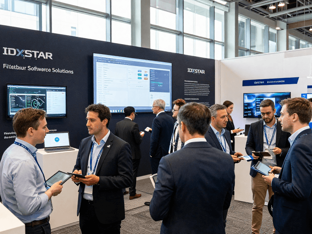 Attendees networking at a business conference featuring IDXSTAR technology.