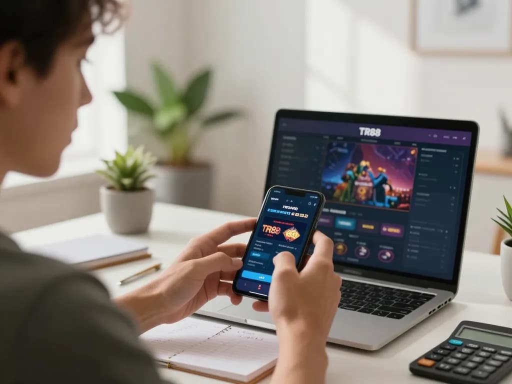 Player using TR88SEO mobile app for casino gaming in a modern home office setting
