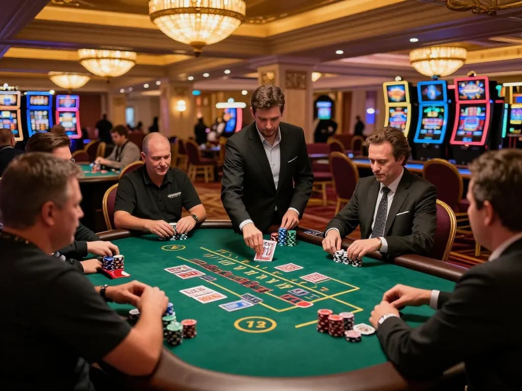 Players enjoying a thrilling blackjack game at a Vegas casino, thabete featured on the table