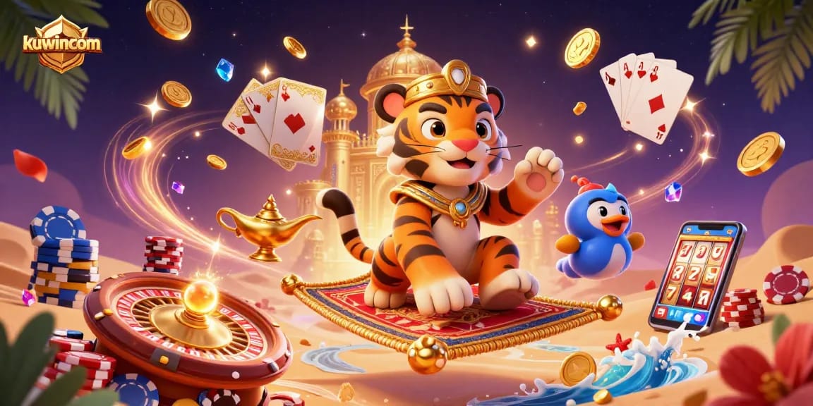 Kuwincom reveals thrilling casino action with an Arabian-themed scene featuring a tiger sultan and magical elements.