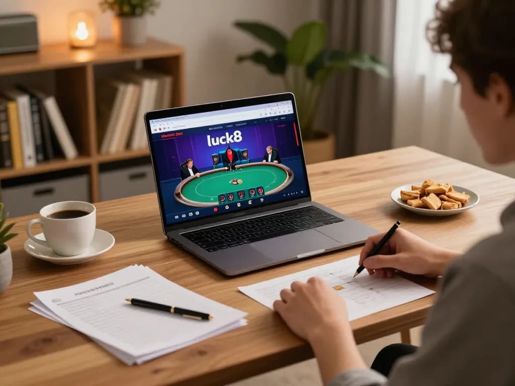 Person playing poker on the trang chủ luck8 online platform in a cozy home setting.