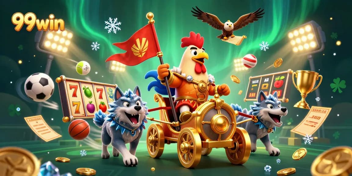 Bet on 99win as a cartoon rooster warlord leads a golden chariot in a vibrant casino scene.