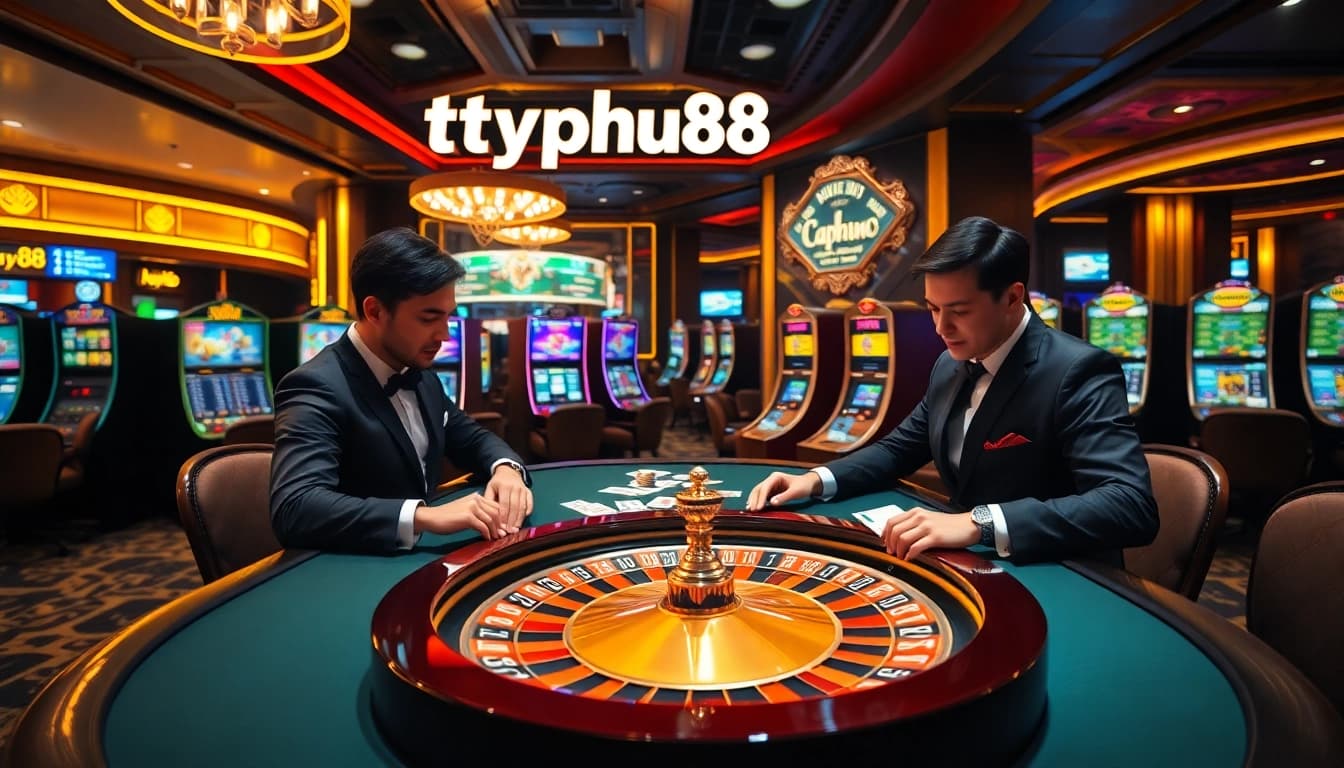 Watch players engage in exciting games at typhu88's luxurious casino setup, featuring roulette, poker, and slot machines.