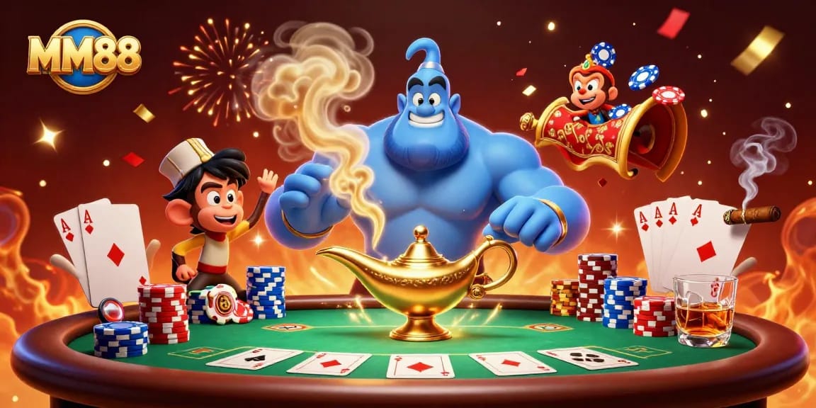 Engage with MM88's thrilling casino world featuring a vibrant 3D illustration of poker action and magic.