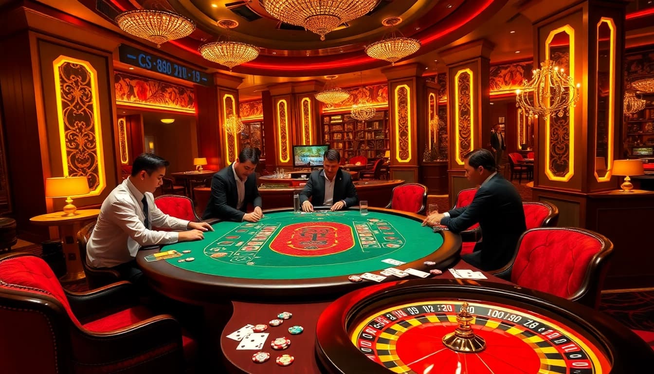 Experience thrilling LC88 BET with players at a luxurious casino table, surrounded by vibrant action.