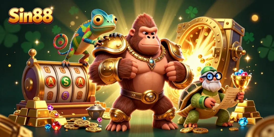 Engage with Sin88’s thrilling adventures as a powerful gorilla king leads a vibrant casino scene.