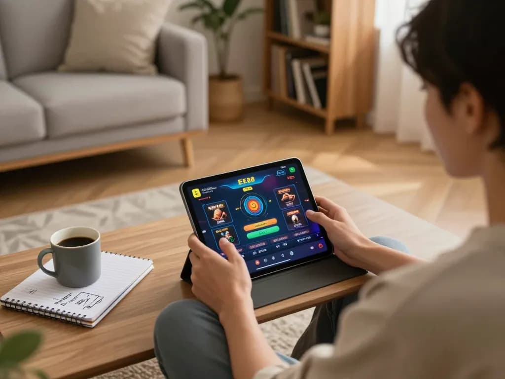 Engaging with online gambling experience through the EE88 platform in a cozy home setting.