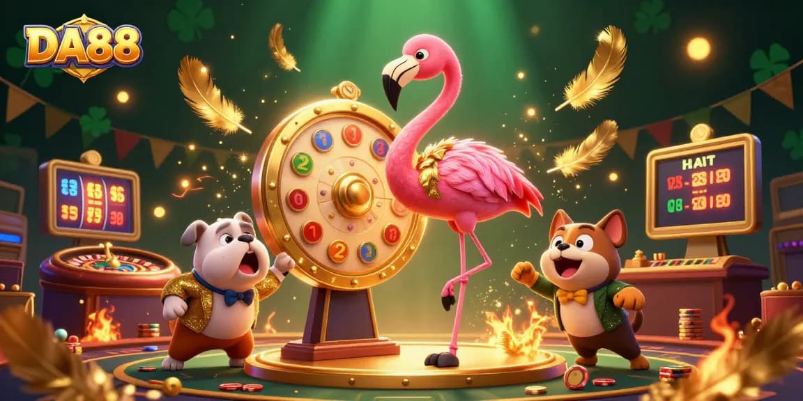 DA88 engages players with an exciting game show scene featuring a flamingo host and bulldog contestant