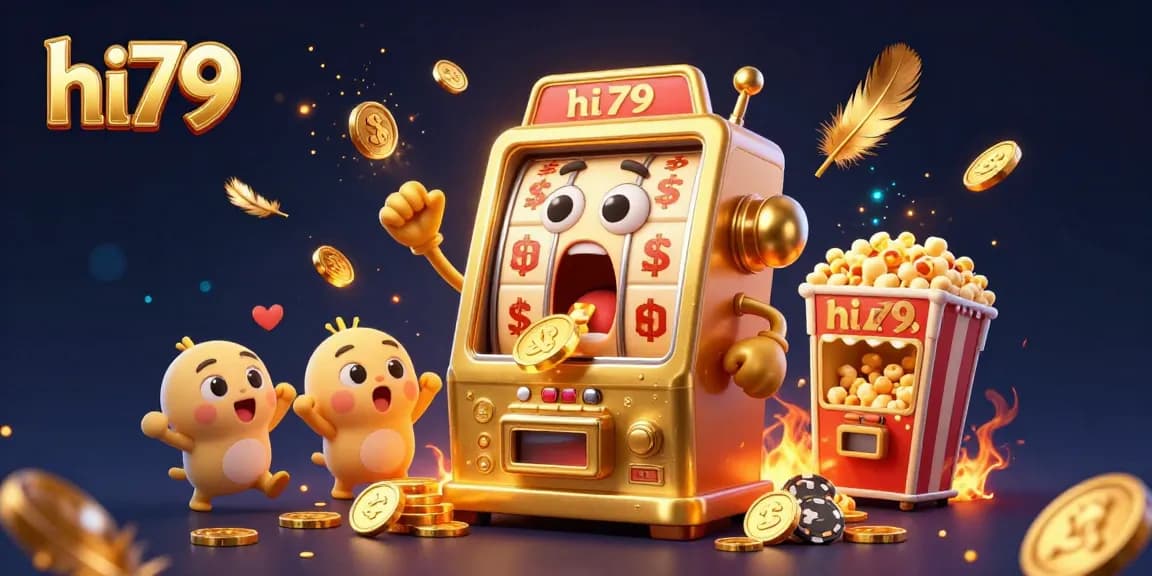 Celebrate hi79's jackpot moment as a golden slot machine bursts with coins, embodying the excitement of online gambling.