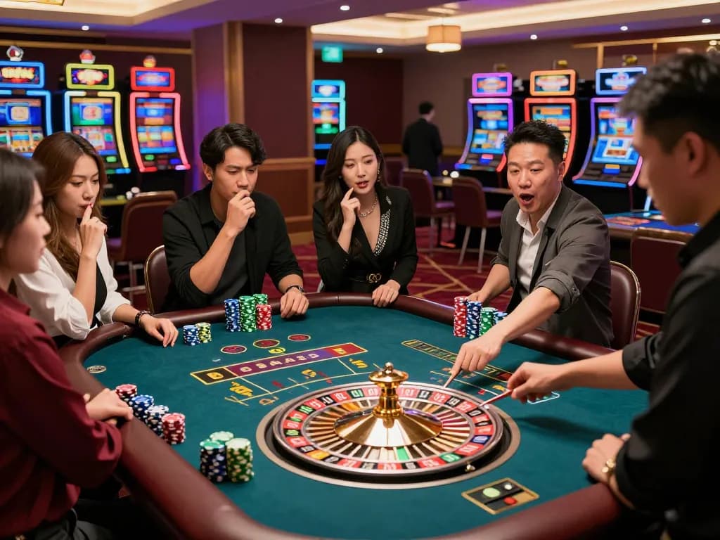 Experience exhilarating roulette gameplay at Link nhà cái Vk88 with engaged players and vibrant casino atmosphere.