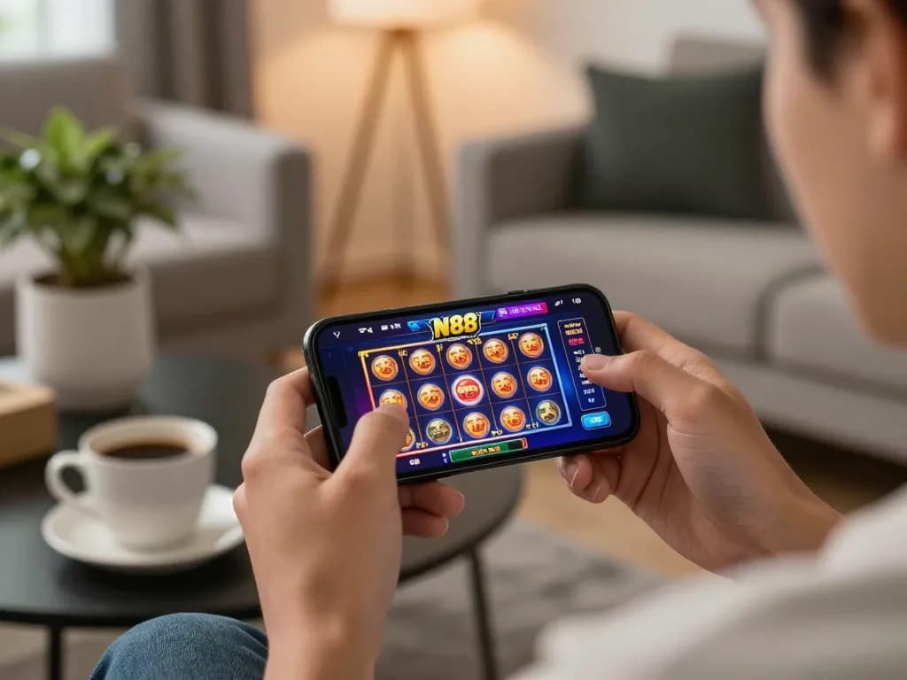 N88 mobile app gameplay on smartphone showcasing exciting slot games in a cozy environment.