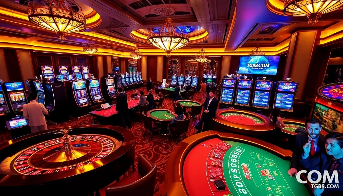Players enjoying games at TG88 COM casino with roulette wheels and vibrant slot machines.