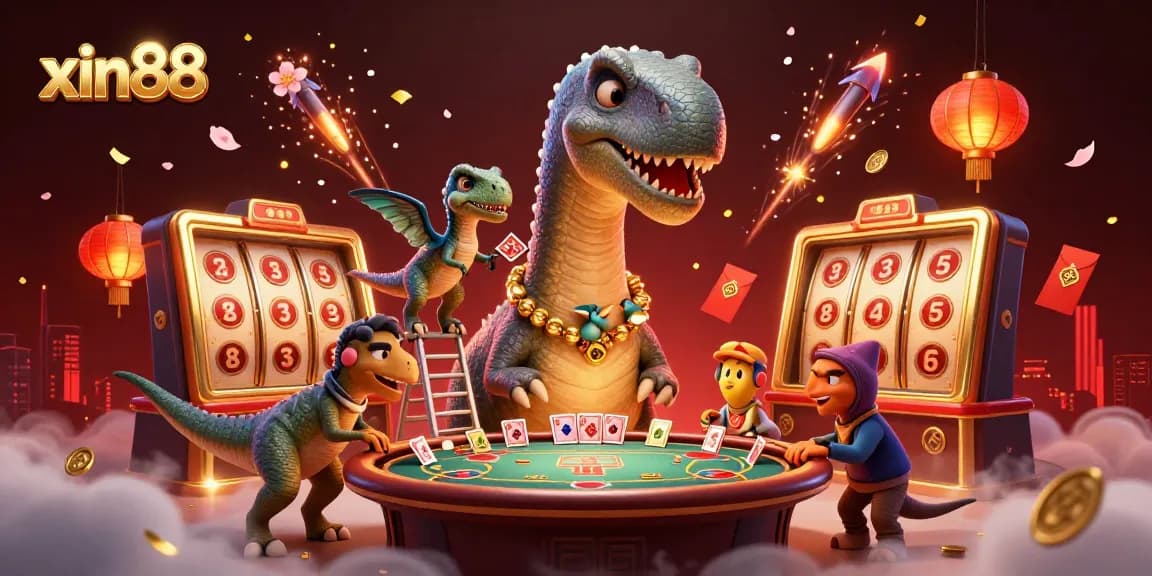 Engage in dynamic gameplay at xin88’s casino with vibrant elements and interactive characters in a lively scene.