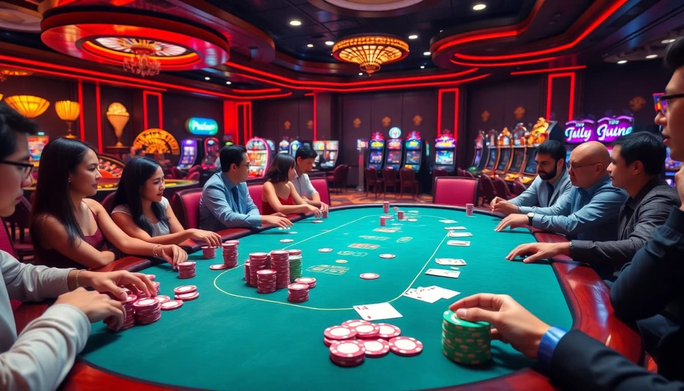 A thrilling poker table scene showcasing kèo nhà cái betting action with colorful chips and cards.