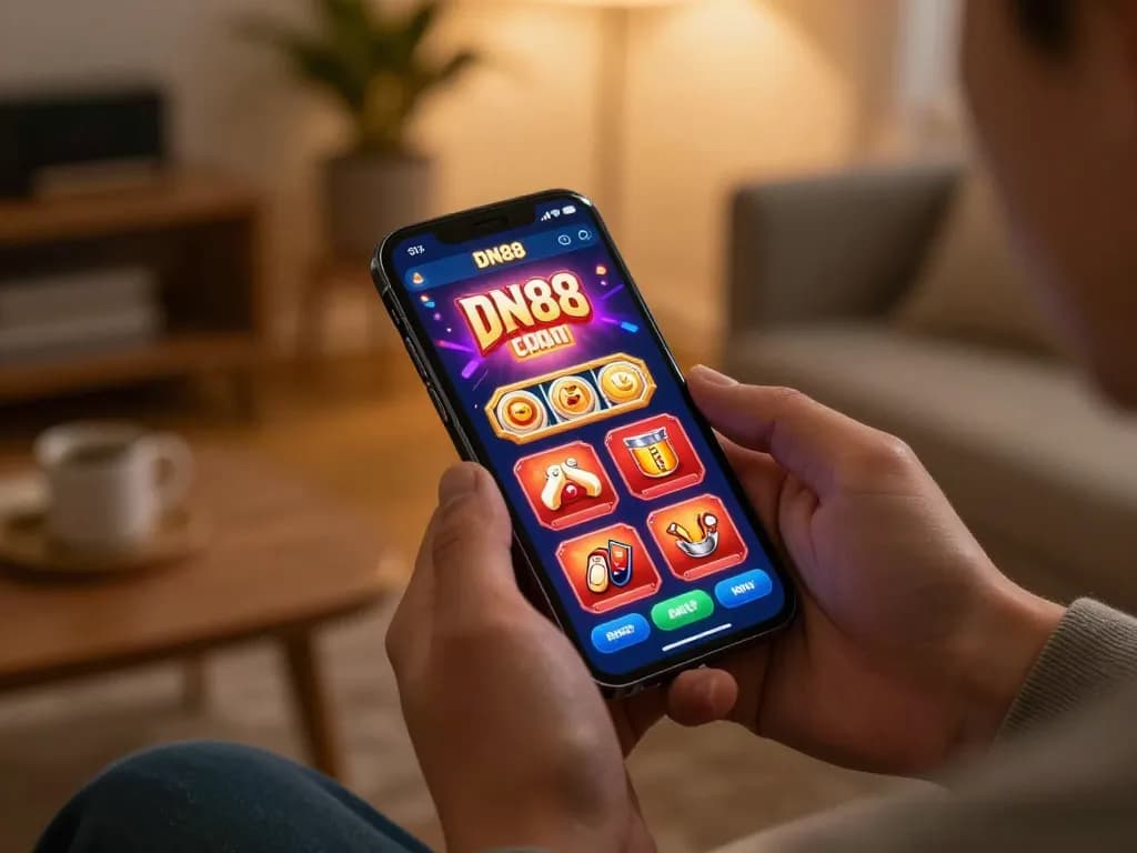 Engaging in mobile gambling on DN88 app with vibrant game interface and warm home atmosphere