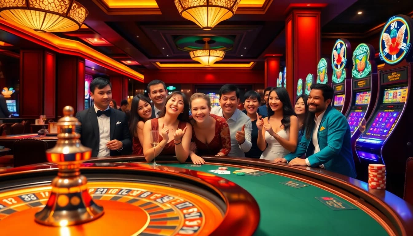 Players engaging excitedly at MM88 casino with poker chips and a roulette wheel in action.