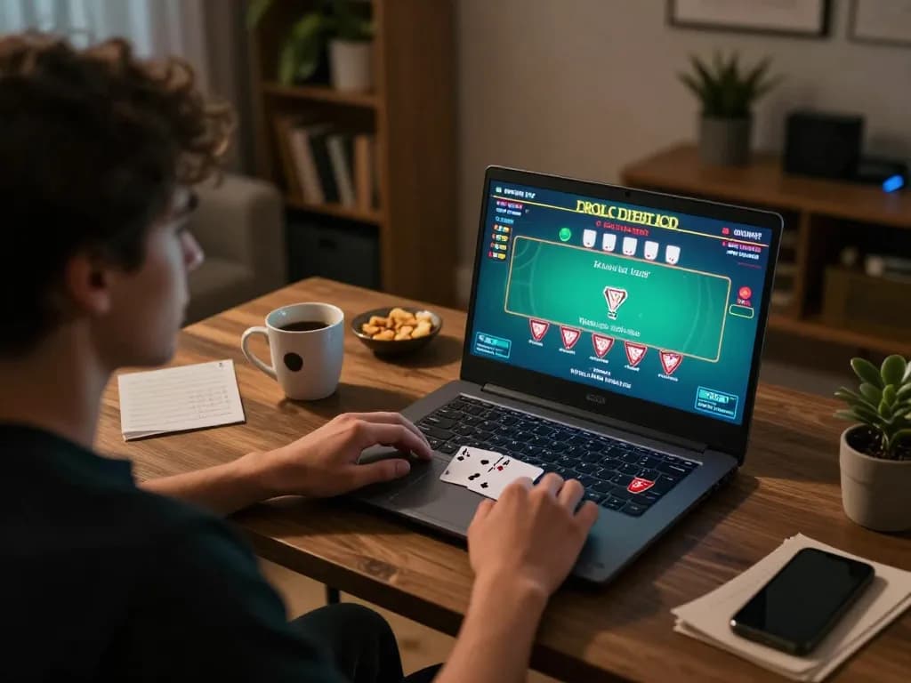 Link nhà cái Sky88 showcased as a player enjoys virtual blackjack at home, emphasizing responsible gaming.