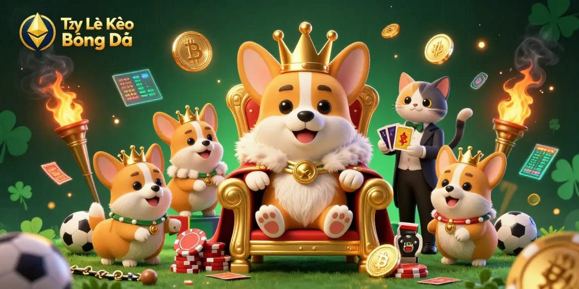 Tỷ Lệ Kèo Bóng Đá illustration showcasing a royal corgi on a throne surrounded by sports betting elements and vibrant details