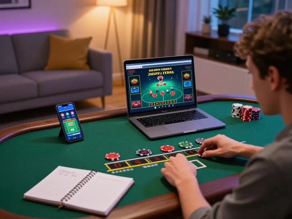 Player enjoying an online blackjack game at home with onbet app on laptop