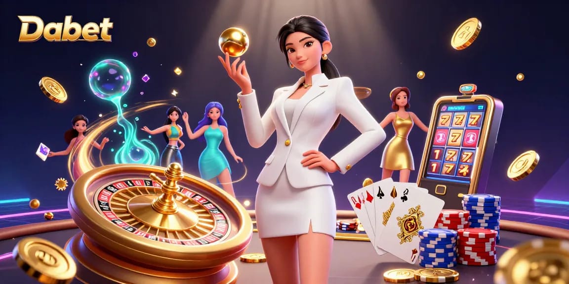 Dabet spins a thrilling roulette ball amidst vibrant casino elements, capturing the excitement of gaming.