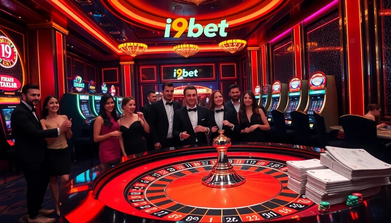 Excited players enjoying a luxurious i9bet casino atmosphere at the roulette table.