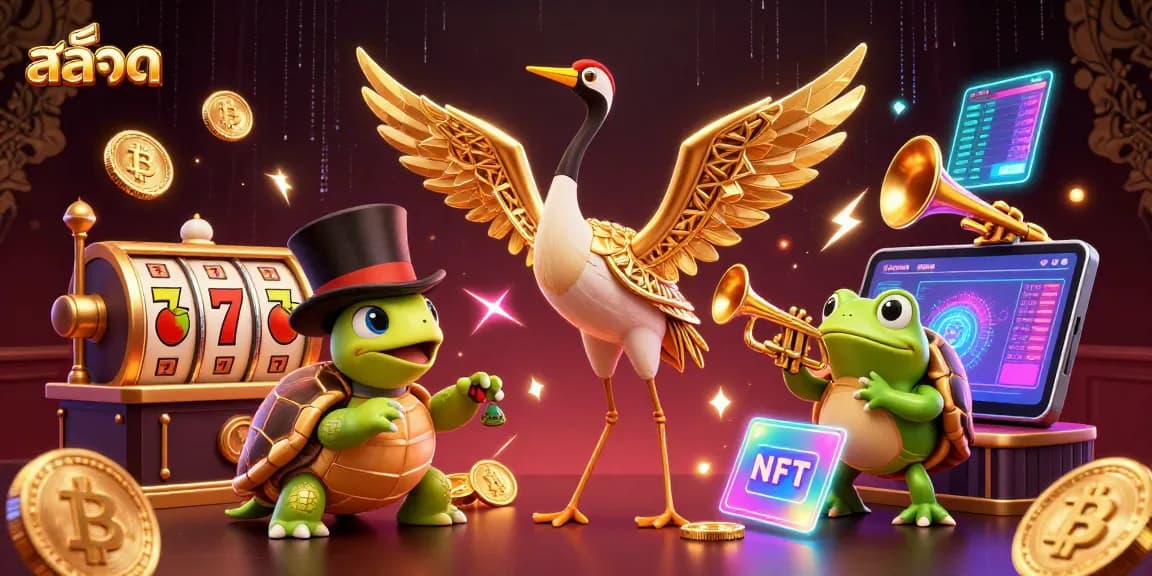 Spin the สล็อต reels in a colorful digital scene filled with jackpots and cryptocurrency.
