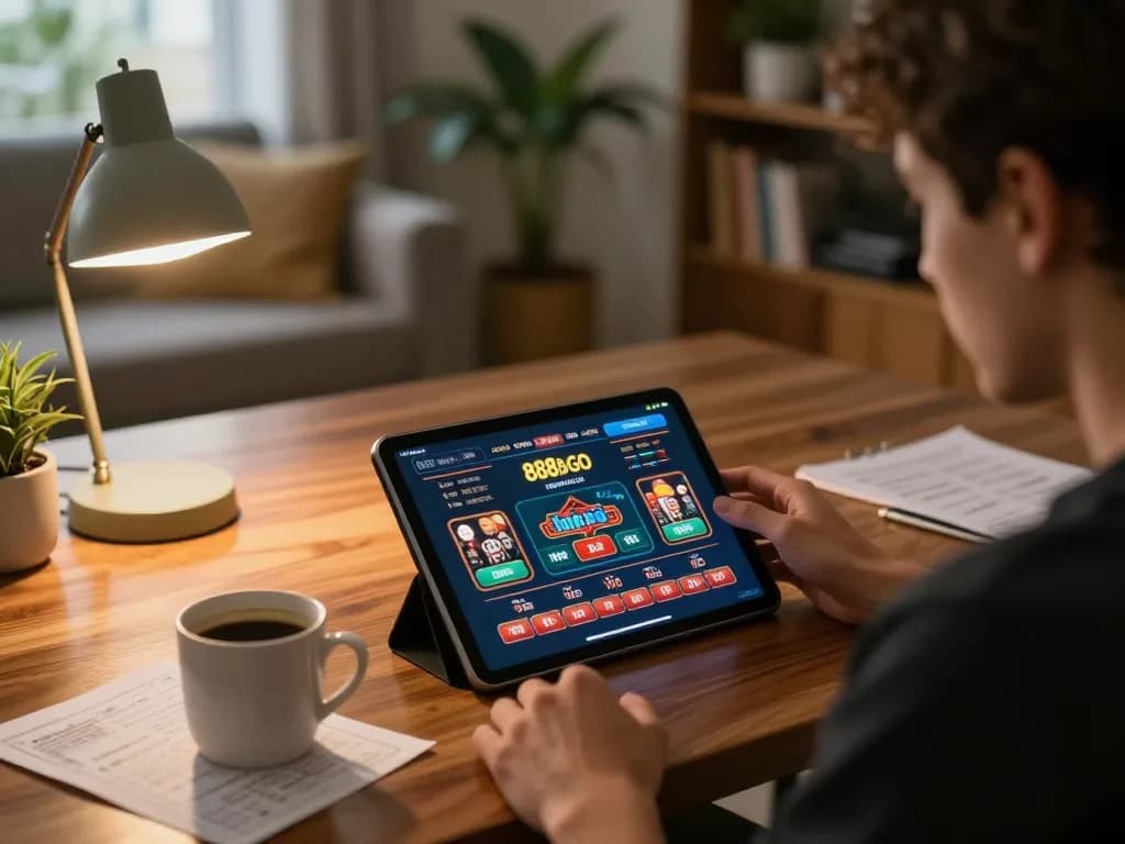 Engaging in online casino gaming on 888bgo, showcasing dynamic tablet interaction and comfortable home setting
