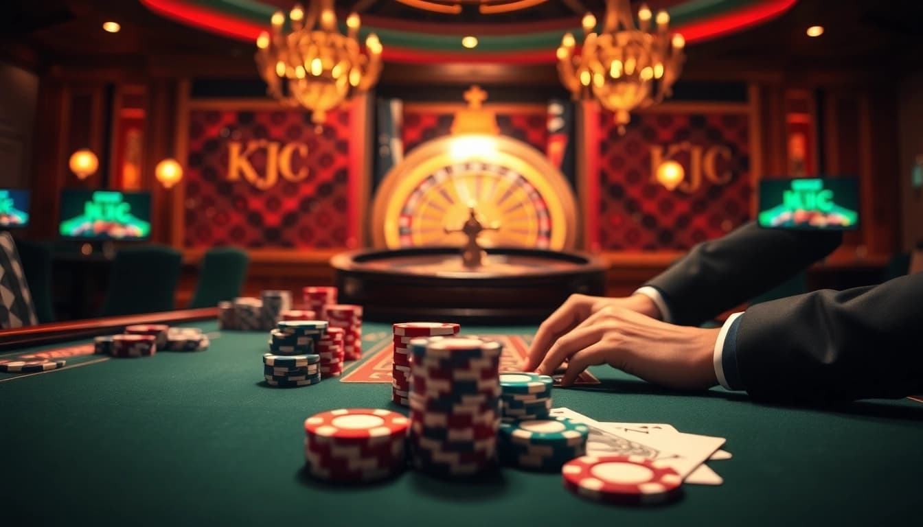 KJC poker players strategizing at an elegant casino table, showcasing excitement and professionalism.