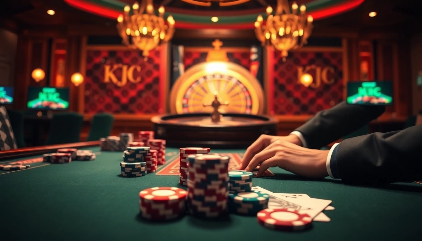 KJC poker players strategizing at an elegant casino table, showcasing excitement and professionalism.
