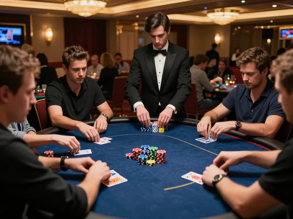 Players engaged in intense poker gameplay at a Go8 casino table, showcasing vibrant chips and dealer's card shuffle.