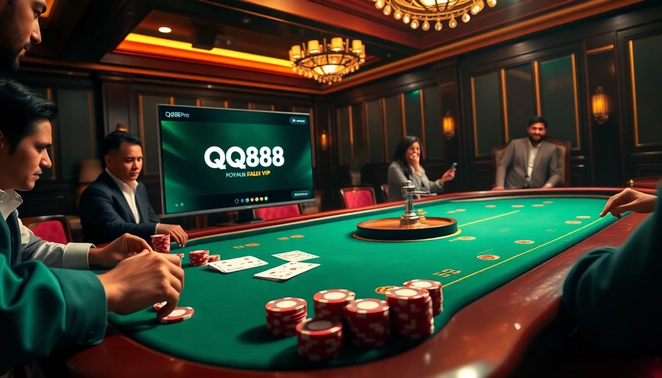 Exciting casino ambiance at QQ88pro Vip with poker action, roulette, and vibrant colors.