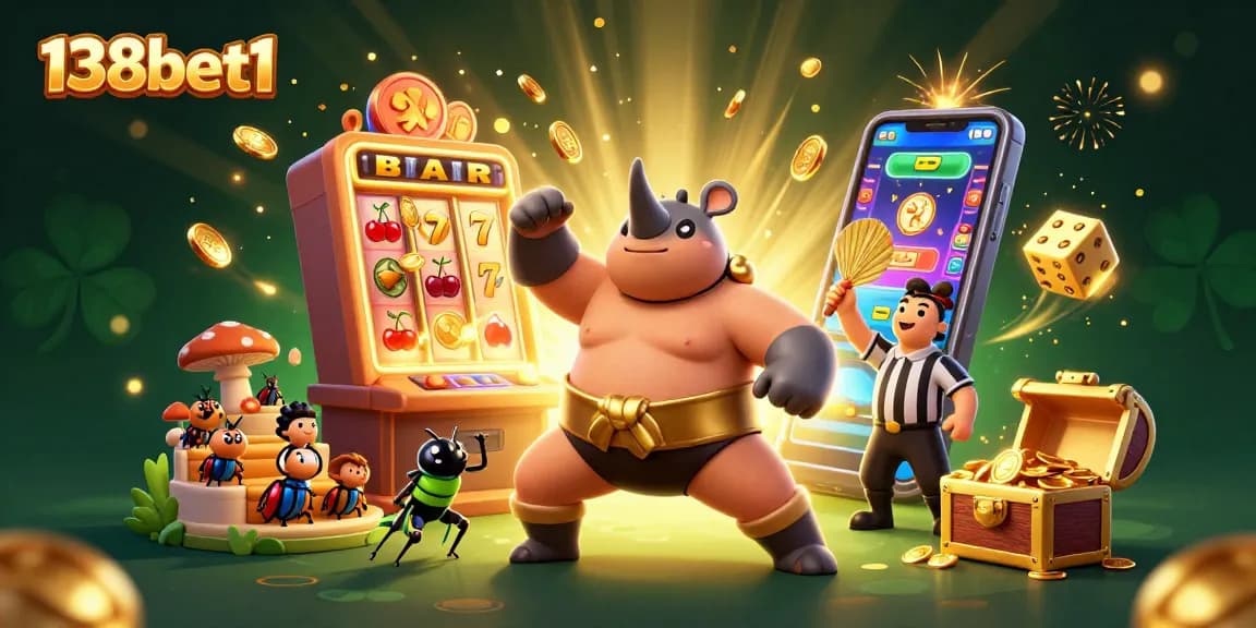 Experience winning with 138bet1 as the rhinoceros beetle sumo champion unleashes a jackpot of coins in a vibrant casino scene.