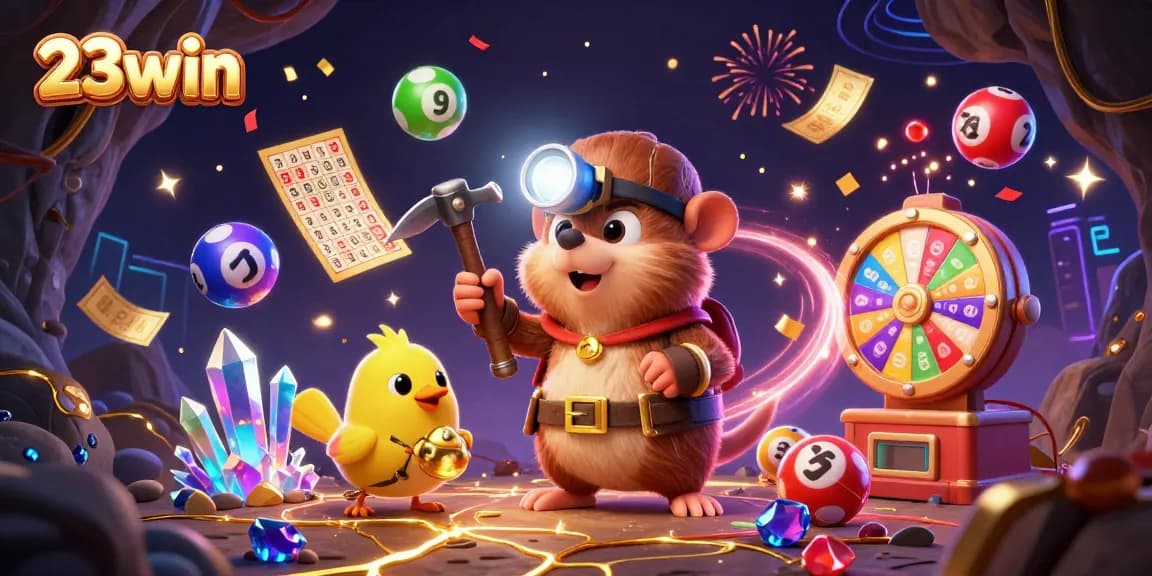 Engage with 23win as the treasure hunter mole discovers riches in a vibrant casino-themed scene.