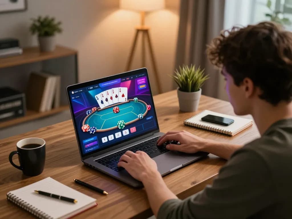 Engaged player on nk88 com playing poker in a cozy home office setup.