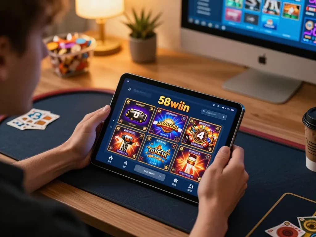 Player enjoying online gambling on the 58wiin app in a cozy home setting with tablet and snacks