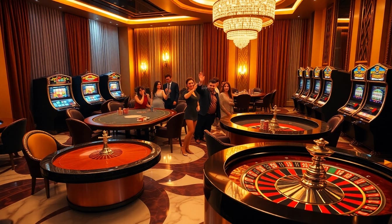 Excited players embrace the thrill of gambling at luxurious tables in a newphim-inspired casino.
