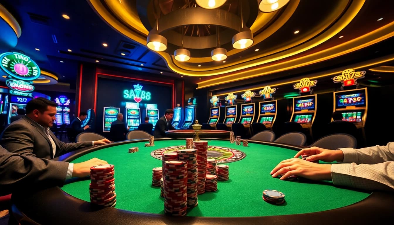 Players engaged in a high-stakes poker game at say88's luxurious casino.