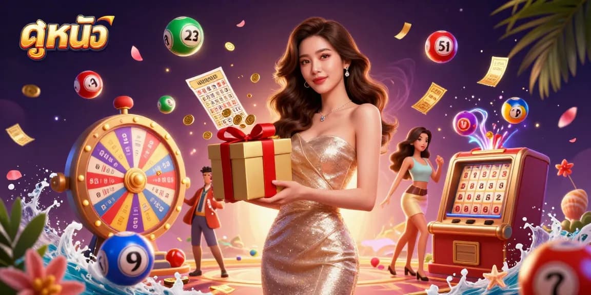 Engage in ดูหนัง with an elegant Asian woman revealing golden coins while surrounded by vibrant casino elements.
