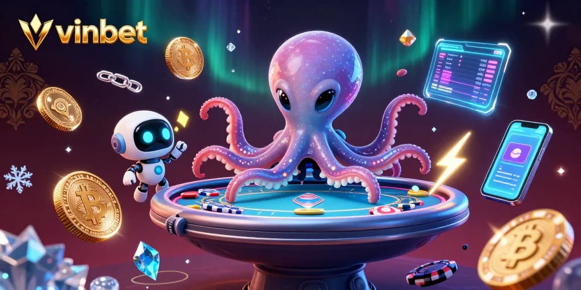 Engage in exciting games with vinbet featuring an alien octopus at a holographic poker table.
