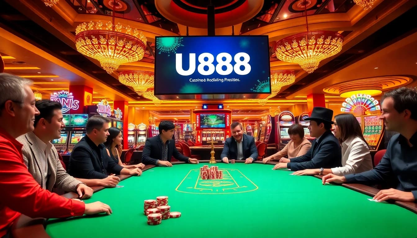 Players winning at U888 casino table surrounded by vibrant gaming atmosphere.