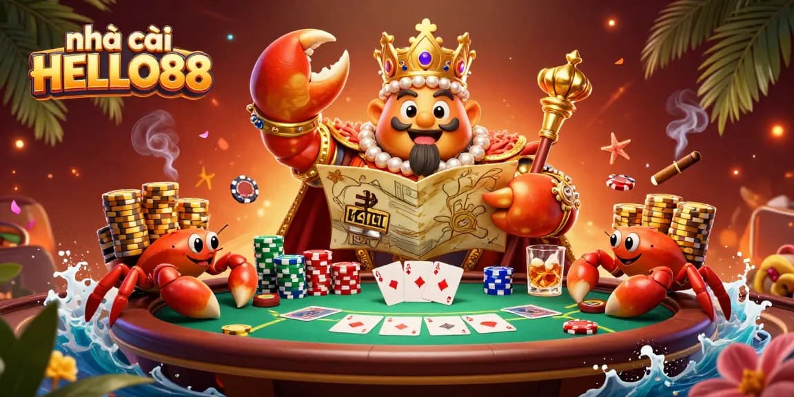 Experience excitement at nhà cái HELLO88 with a dynamic golden crab emperor and poker elements.