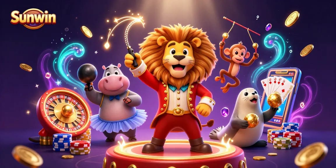 Experience the thrill of Sunwin with this vibrant casino-themed illustration featuring animated gambling elements.