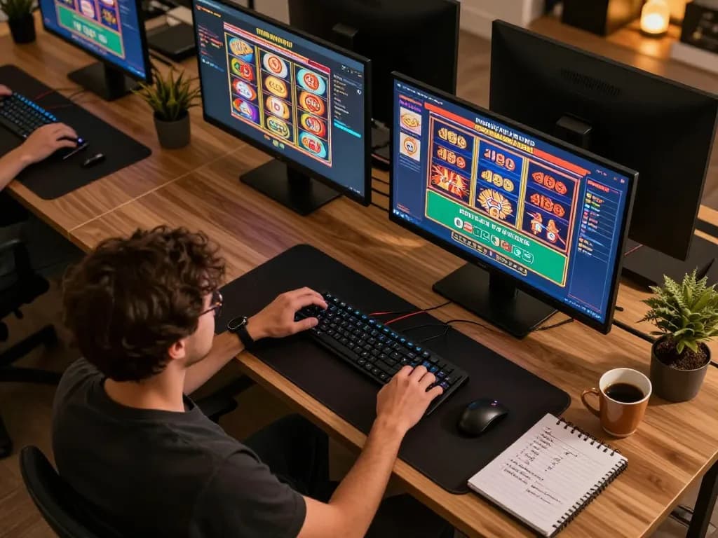 Engaging online gambling scene showcasing a player using lv88 đăng nhập on multiple screens for strategic gameplay.