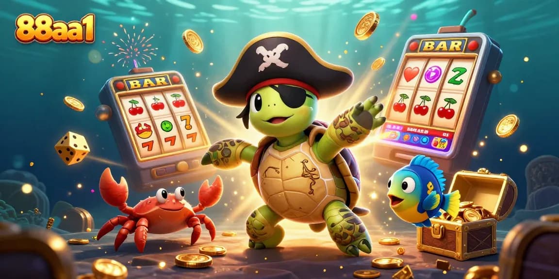 Experience 88aa1's thrilling online slots as a pirate turtle and friends celebrate with gold!