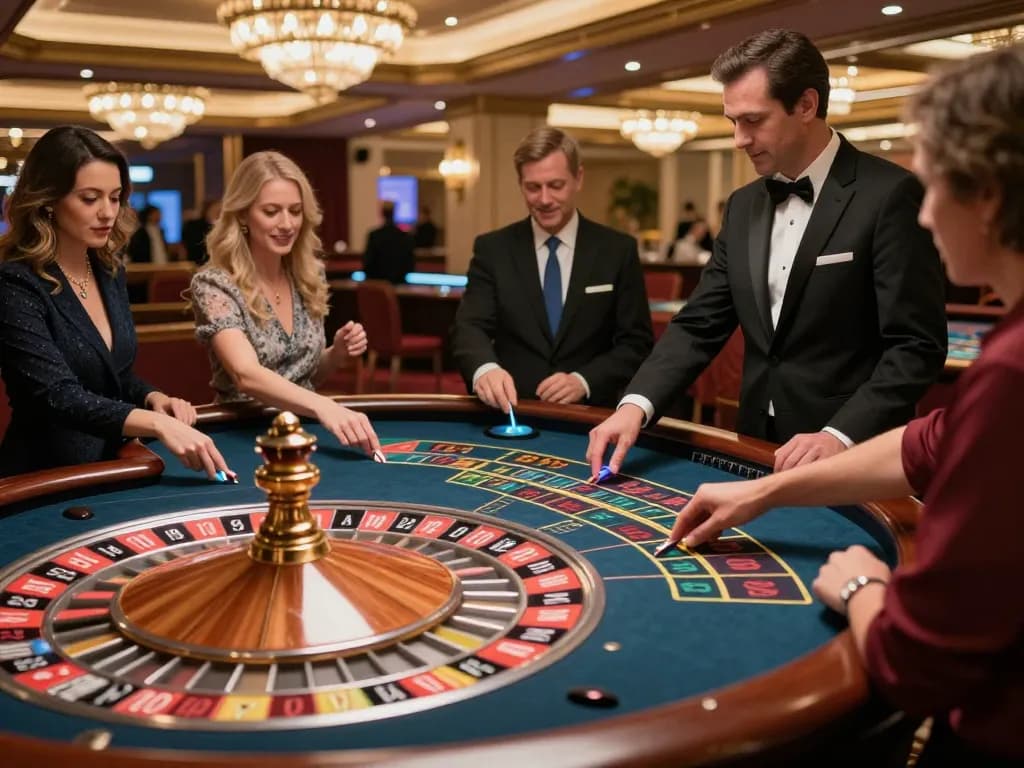 Players engaging in roulette at a luxurious casino table, sun win excitement fills the air.